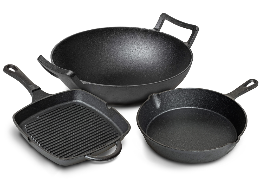 Blackwell Pannenset Gietijzer 3-Delig Grillpan 23 x 23 cm, Koekenpan ø 25 cm & Wok ø 32 cm - egnet til alle varmekilder - uden non-stick belægning