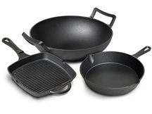 Blackwell Pannenset Gietijzer 3-Delig Grillpan 23 x 23 cm, Koekenpan ø 25 cm & Wok ø 32 cm - egnet til alle varmekilder - uden non-stick belægning