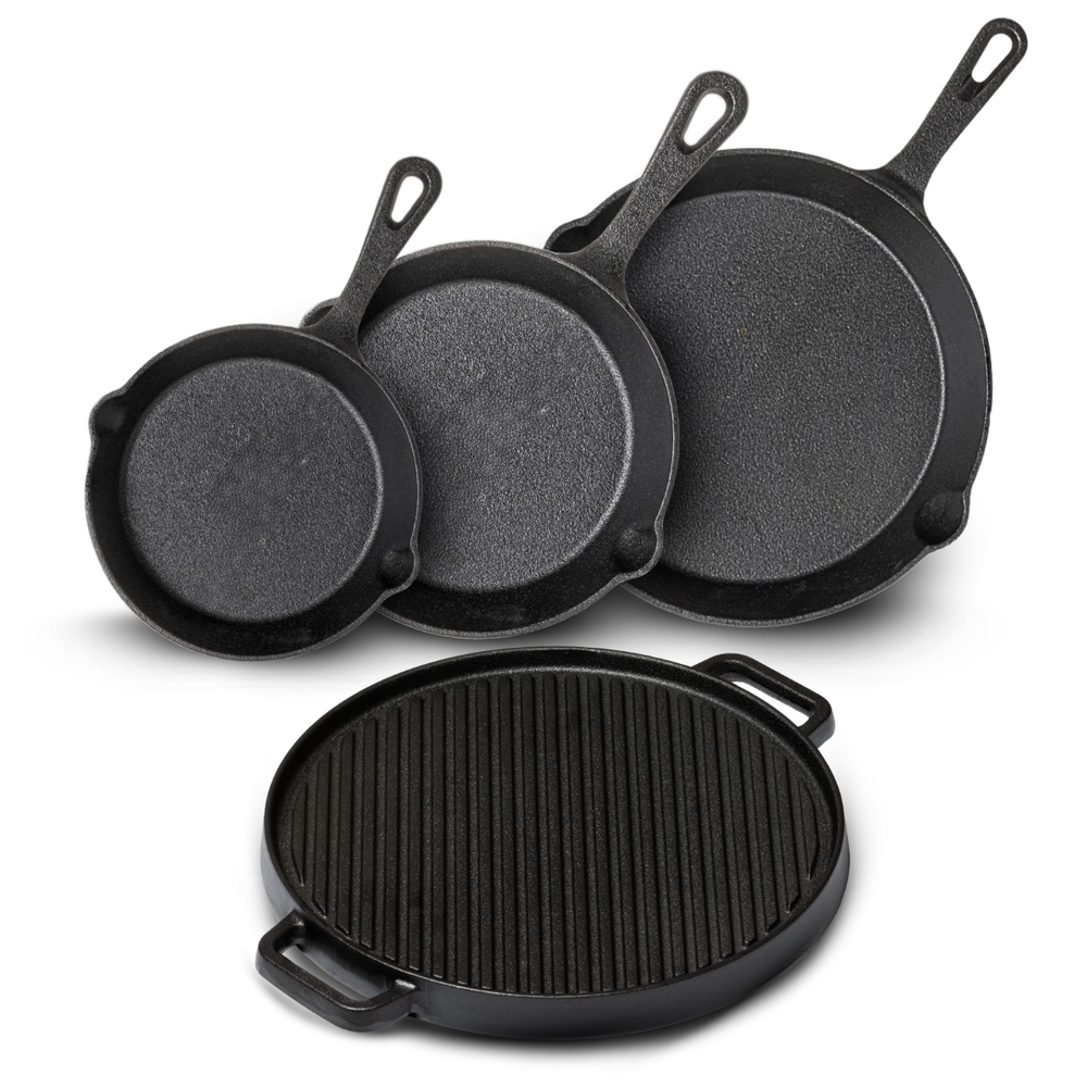 Blackwell Pannenset Gietijzer 4-Delig Koekenpan 16, 20 & 25 cm & Grillplaat ø 30 cm - egnet til alle varmekilder - uden non-stick belægning