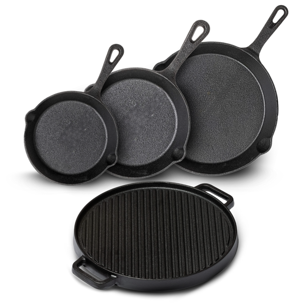 Blackwell Pannenset Gietijzer 4-Delig Koekenpan 16, 20 & 25 cm & Grillplaat ø 30 cm - egnet til alle varmekilder - uden non-stick belægning