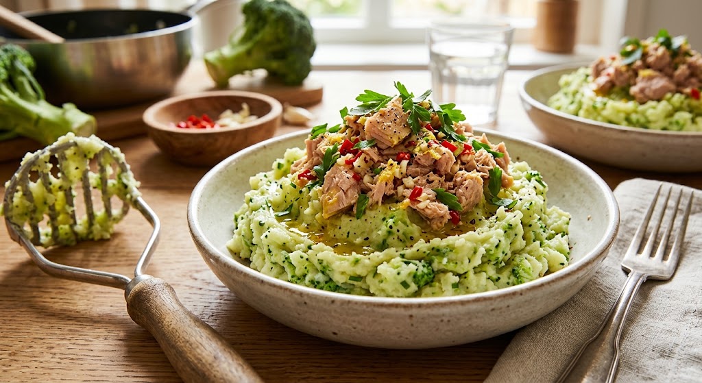 Mættende kartoffelmos med et krydret twist af tun og chilipeber