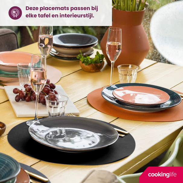 Cookinglife 6 Placemats + 6 Underlag - Dobbelt så meget - Rund - Vegansk læder - Sort / Cognac