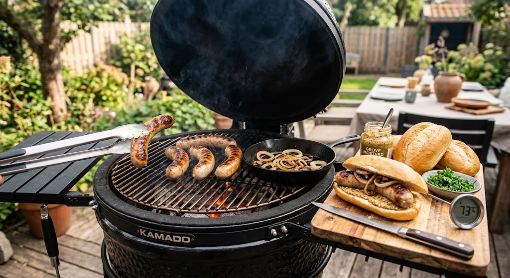 Sappige Thüringer braadworst met een authentieke rooksmaak van de kamado