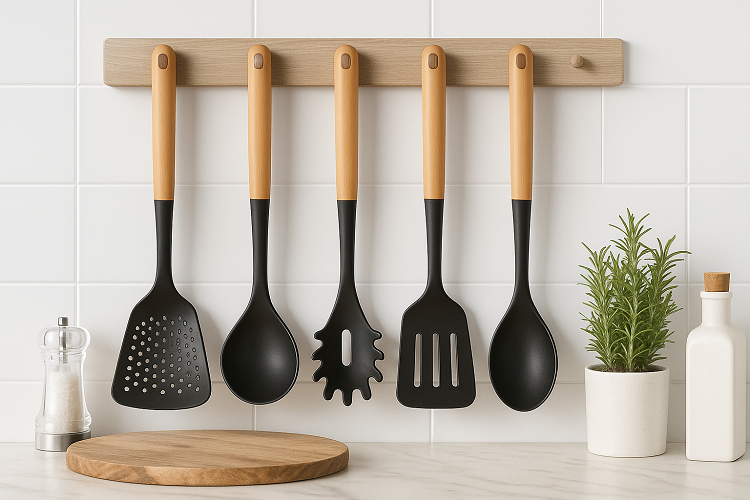 Cookinglife Køkkenredskabs sæt - Kogegrej sæt - træ sort 5 dele - Skumspade, suppeske, spaghettiske, bagepalet & serveringsske