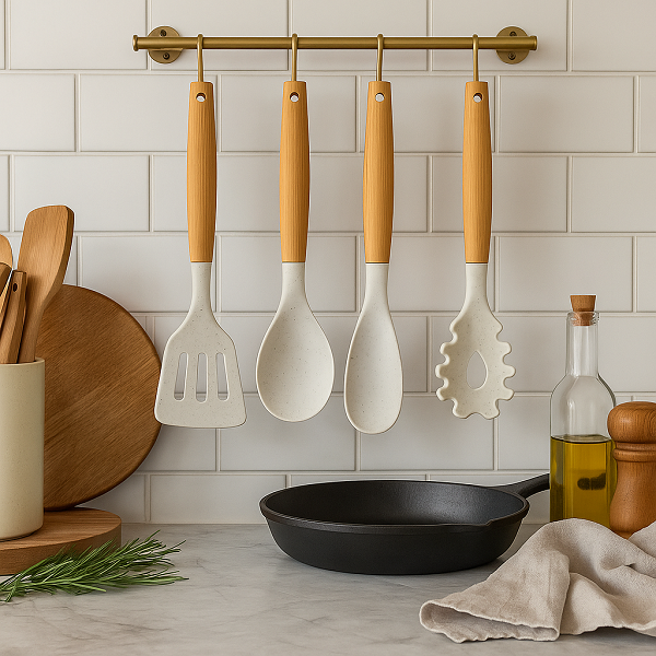 Cookinglife Køkkenredskaber sæt - Kogegrej sæt - træ beige 4 dele - Stegeske, serveringsske, salatske & spaghettiske