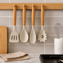 Cookinglife Køkkenredskaber sæt - Kogegrej sæt - træ beige 4 dele - Stegeske, serveringsske, salatske & spaghettiske