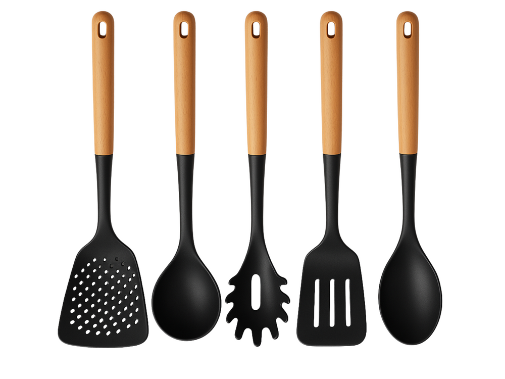 Cookinglife Køkkenredskabs sæt - Kogegrej sæt - træ sort 5 dele - Skumspade, suppeske, spaghettiske, bagepalet & serveringsske