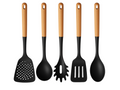 Cookinglife Køkkenredskabs sæt - Kogegrej sæt - træ sort 5 dele - Skumspade, suppeske, spaghettiske, bagepalet & serveringsske