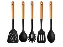 Cookinglife Køkkenredskabs sæt - Kogegrej sæt - træ sort 5 dele - Skumspade, suppeske, spaghettiske, bagepalet & serveringsske