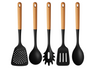 Cookinglife Køkkenredskabs sæt - Kogegrej sæt - træ sort 5 dele - Skumspade, suppeske, spaghettiske, bagepalet & serveringsske
