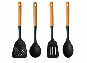 Cookinglife Køkkenredskaber sæt - Kogegrej sæt - træ sort 4 dele - Skumspade, suppeske, bagepade & serveringsske