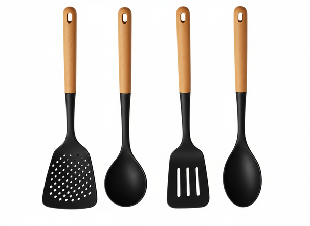 Cookinglife Køkkenredskaber sæt - Kogegrej sæt - træ sort 4 dele - Skumspade, suppeske, bagepade & serveringsske