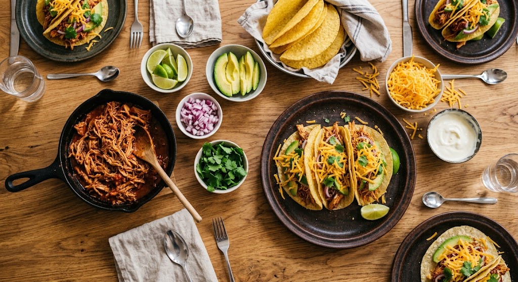 Saftig pulled chicken, sprøde toppings og hjemmelavede tacos til en ægte fiestaaften.