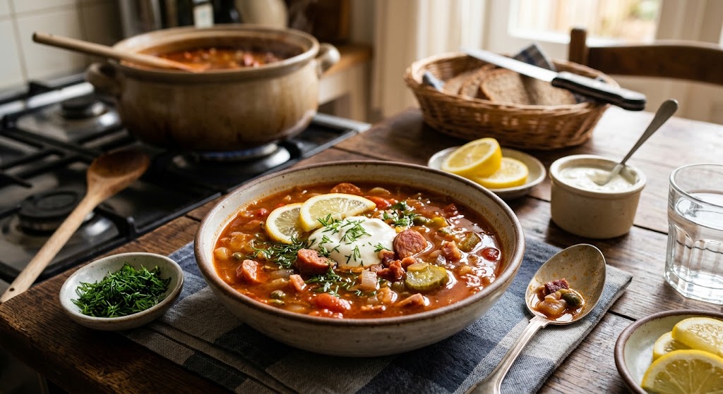 En fyldig, syrlig suppe fuld af røget pølse og syltede agurker