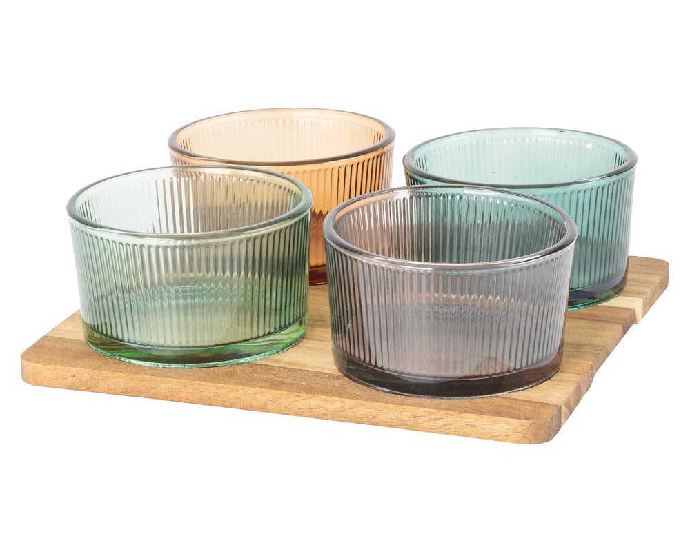 Cosy & Trendy Borrelplank met Glazen Schaaltjes Soluna 5-delig - Acaciahout - 20 x 20 cm