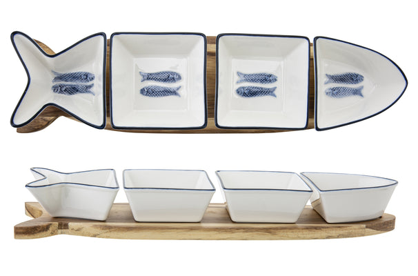 Cosy & Trendy Serveringsbræt med Skåle Branzino 5-delt - Hvid & Blå - 37 x 9,5 cm