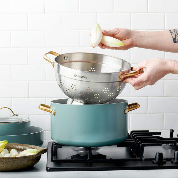 GreenPan Gryde med dørslag Padova Reserve Smokey Blue ø 24 cm / 5,7 Liter - keramisk non-stick belægning