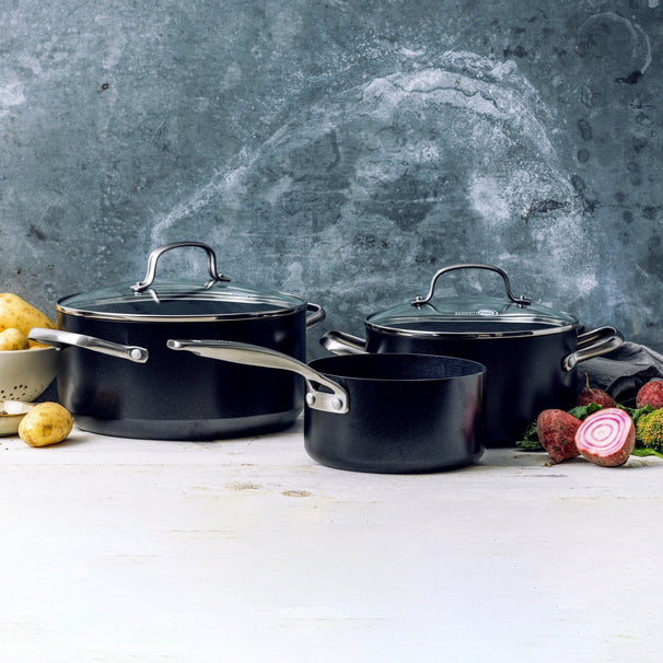 GreenPan Grydesæt Copenhagen Sort 3-delt - Kasserolle ø 16 cm, Gryder ø 18 & 20 cm - keramisk non-stick belægning