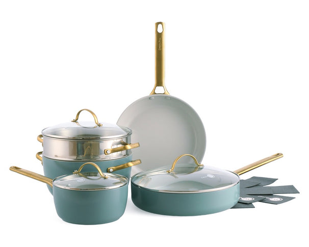 GreenPan Grydesæt Padova Reserve Smokey Blue 7-delt - Kasserolle ø 18 cm, Gryde ø 24 cm, Stegepande ø 26 cm, Sauterpande ø 28 cm & Dampindsats - keramisk non-stick belægning