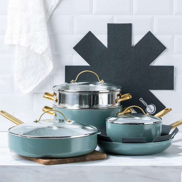 GreenPan Grydesæt Padova Reserve Smokey Blue 7-delt - Kasserolle ø 18 cm, Gryde ø 24 cm, Stegepande ø 26 cm, Sauterpande ø 28 cm & Dampindsats - keramisk non-stick belægning