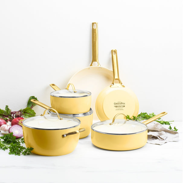 GreenPan Grydesæt Padova Reserve Sunshine Yellow 6-delt - Gryde ø 24 cm, Kasserolle ø 18, 20 cm, Stegepande ø 20, 28 cm & Sauterpande ø 24 cm - keramisk non-stick belægning
