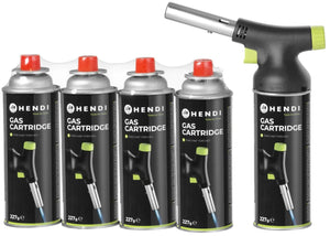 Hendi BBQ Aansteker / Creme Brulee Brander / Koksbrander - med gasbeholder + Ekstra Butan Gas Genopfyldninger - 4 Stykker