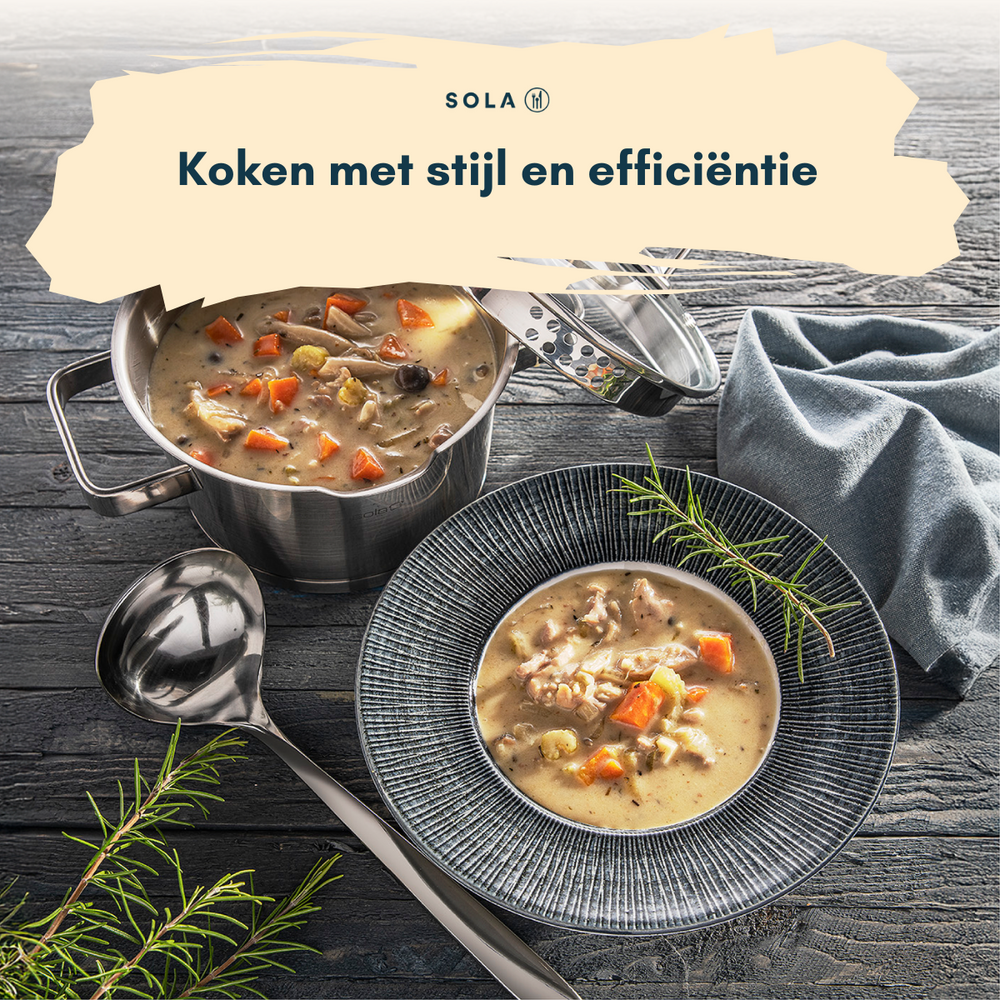 Sola Pannenset Juvia 5-Delig RVS - Downdraft egnet - Kogepande ø 16, 18, 20, 24 cm & Stegepande ø 16 cm - egnet til alle varmekilder