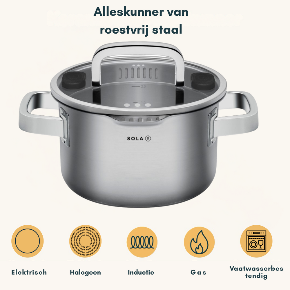 Sola Pannenset Juvia 5-Delig RVS - Downdraft egnet - Kogepande ø 16, 18, 20, 24 cm & Stegepande ø 16 cm - egnet til alle varmekilder