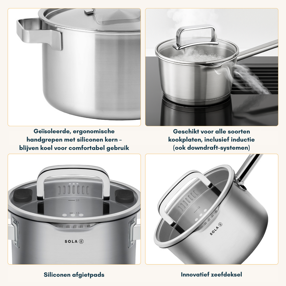 Sola Pannenset Juvia 5-Delig RVS - Downdraft egnet - Kogepande ø 16, 18, 20, 24 cm & Stegepande ø 16 cm - egnet til alle varmekilder