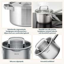 Sola Pannenset Juvia 5-Delig RVS - Downdraft egnet - Kogepande ø 16, 18, 20, 24 cm & Stegepande ø 16 cm - egnet til alle varmekilder