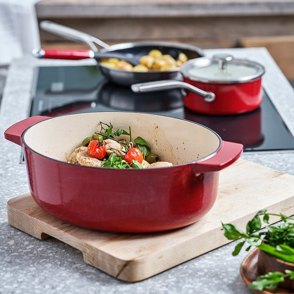 KitchenAid Stegegryde Oval Støbejern Empire Red 30 cm / 5,6 Liter - emaljeret non-stick belægning