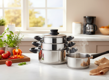 Cookinglife Pannenset RVS / Zwart 4-Delig - Kookpan ø 16, 18 , 20 cm & Steelpan ø 16 cm- Egnet til alle varmekilder