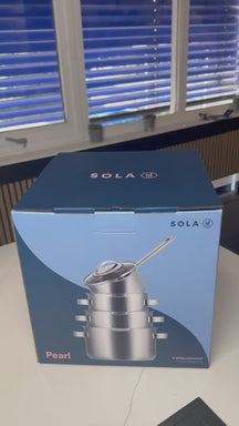 Sola Pannenset Pearl 6-delt RVS - Downdraft egnet - Kogepande ø 16, 18, 20 cm & Steelpande ø 16 cm + BEKA Stegepande 24, 28 cm - egnet til alle varmekilder