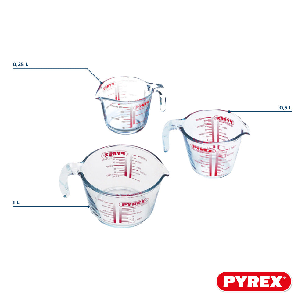 Pyrex Glas Målebæger Sæt Iconics' 3-Delt - 250 ml, 500 ml & 1 Liter