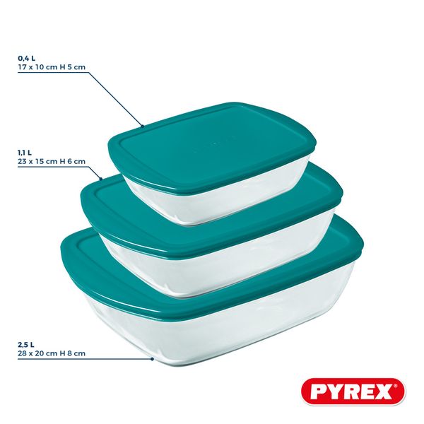 Pyrex Glas Ovnskålssæt med låg Cook & Store 3-delt - 400 ml, 1,1 liter & 2,5 liter