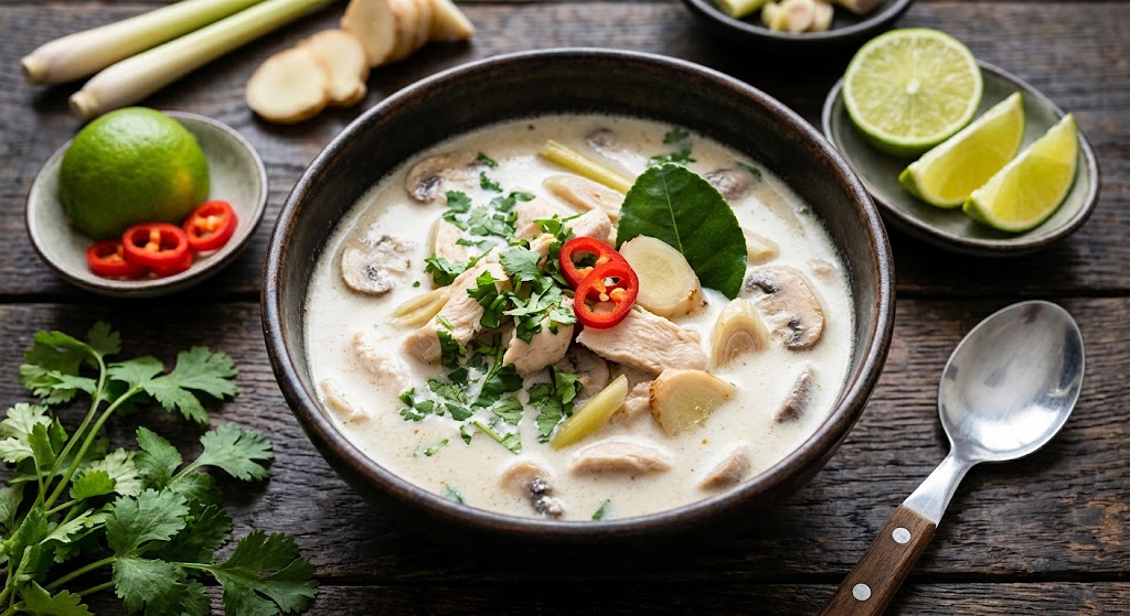Romig thailandsk kokos suppe med kylling og ingefær