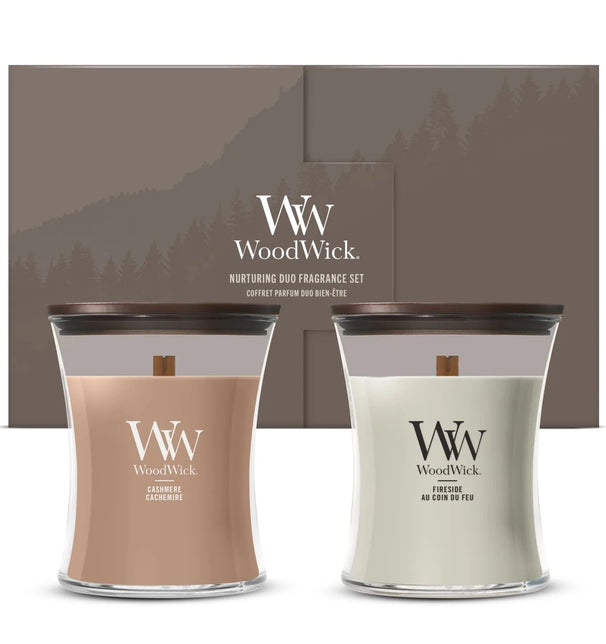 WoodWick Gaveæske Duftlys Medium Fireside & Cashmere - 2 Styk - Duftlys i Glas - Trævæge
