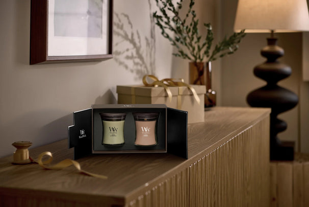 WoodWick Gaveæske Duftlys Medium Fireside & Cashmere - 2 Styk - Duftlys i Glas - Trævæge