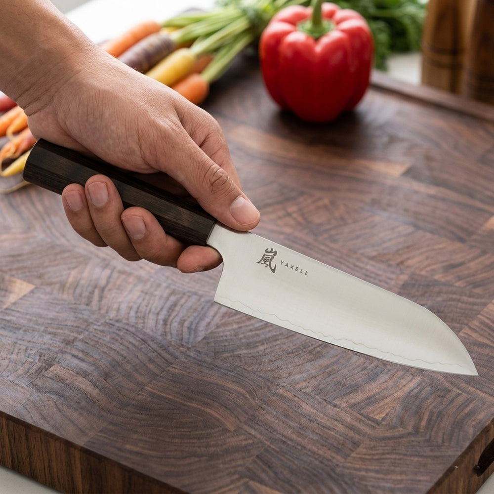Yaxell Santokumes Hana 12.5 cm - 3 lagers rustfrit stål - mørkebrun Pakkahouten håndtag